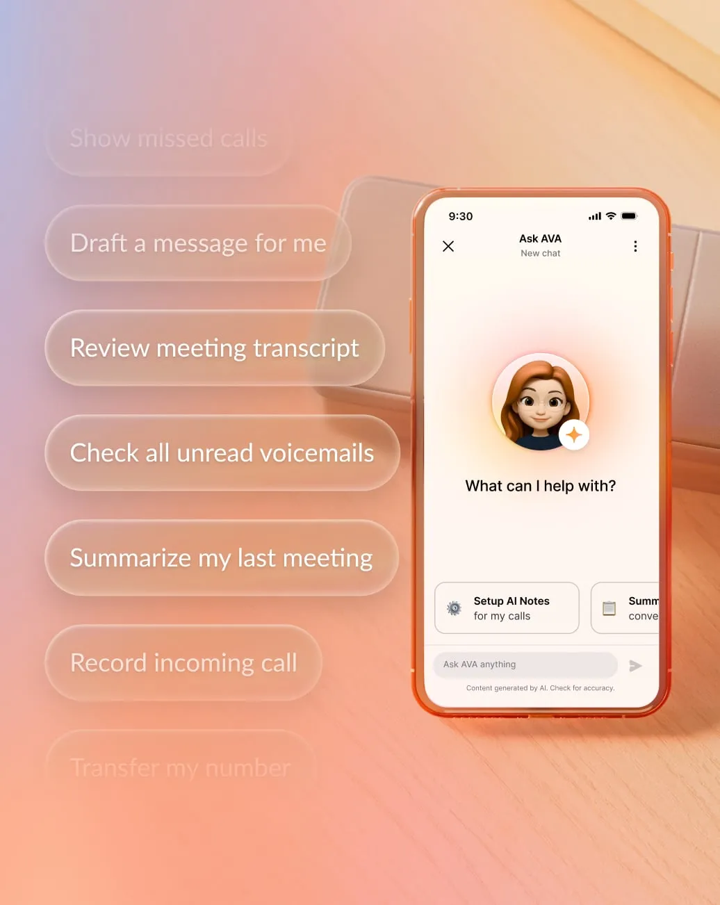 Smartphone screen displaying "Ask Ava," an AI assistant, with suggested actions like Summarize my last meeting, Draft a message for me, and Record incoming call.