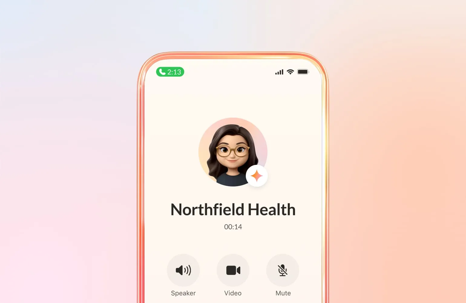 AI voice agent interface on a smartphone screen displaying a call with Northfield Health, featuring Natalie, one of the AIR avatars, and call controls.