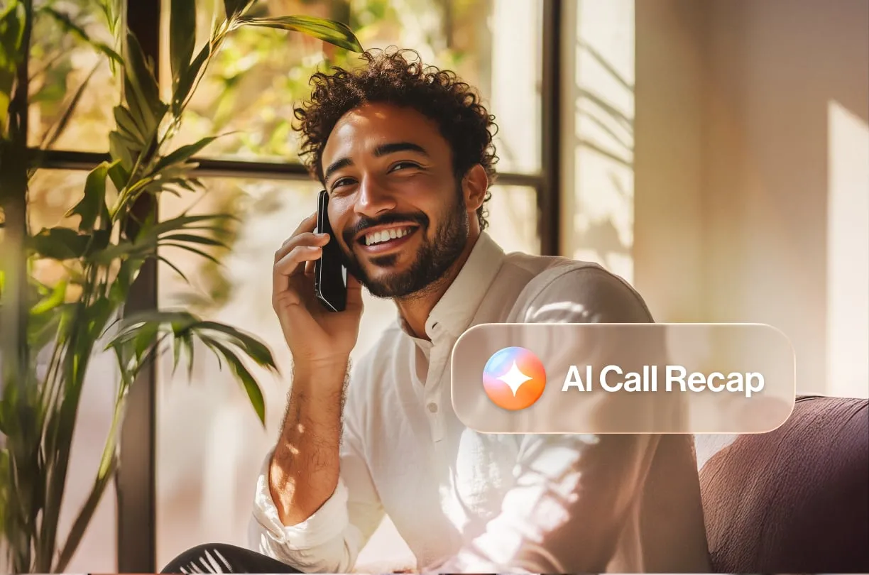 A smiling man on a phone call in a sunlit room with an AI Call Recap floating graphic notification, representing automated transcription and meeting summaries.