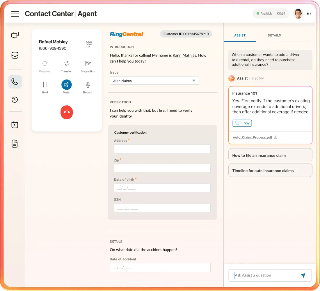 RingCentral Contact Center agent dashboard displaying a live customer call with real-time AI assistance, verification forms, and suggested knowledge base answers.