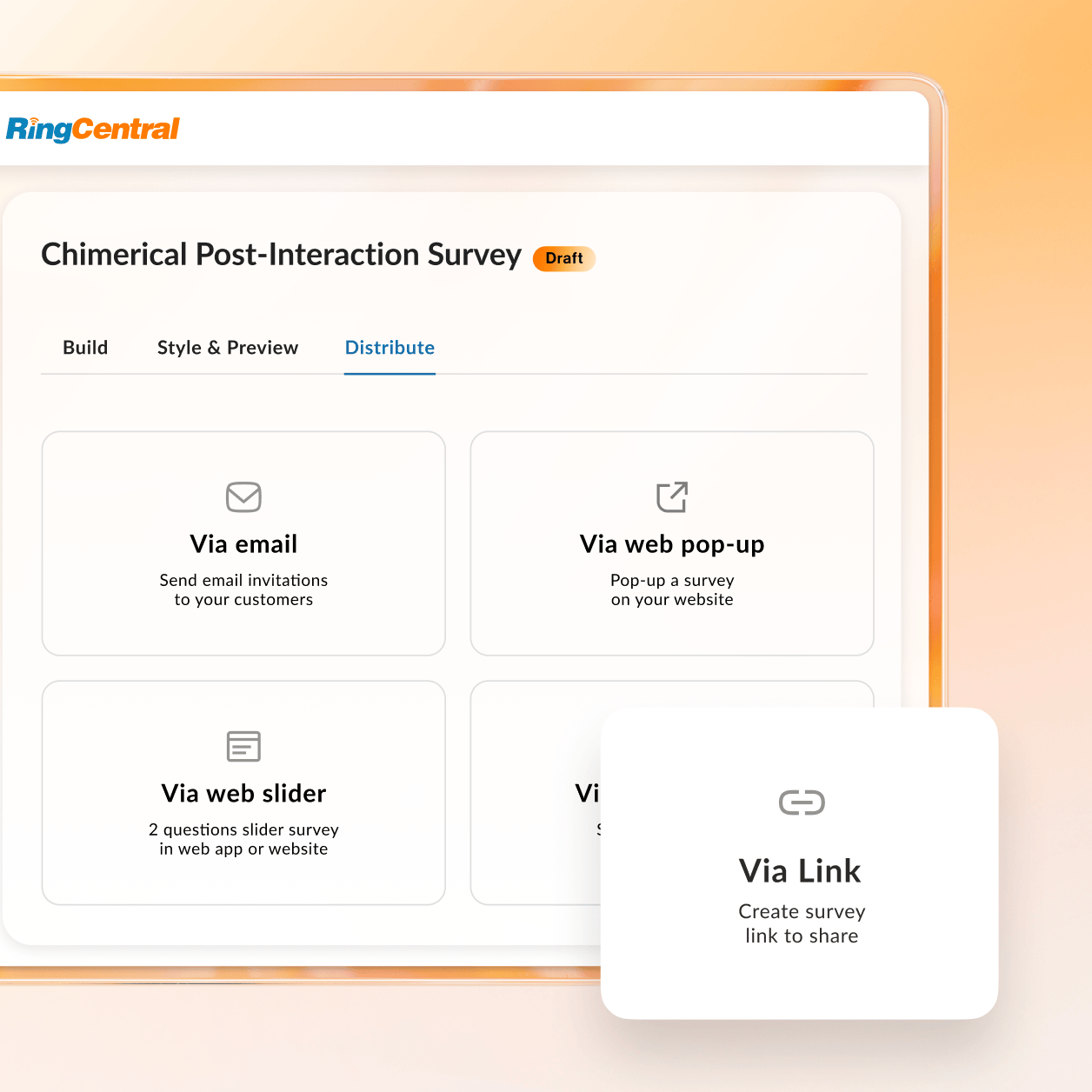 The distribute tab for a post interaction survey