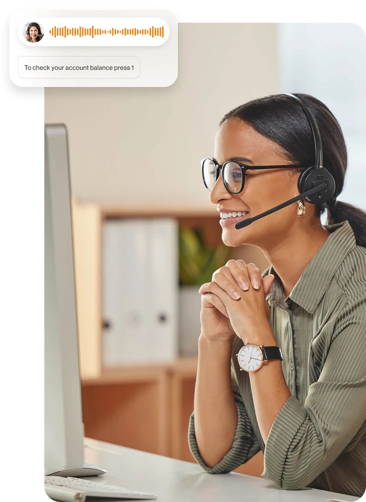 A woman listening to an IVR prompt