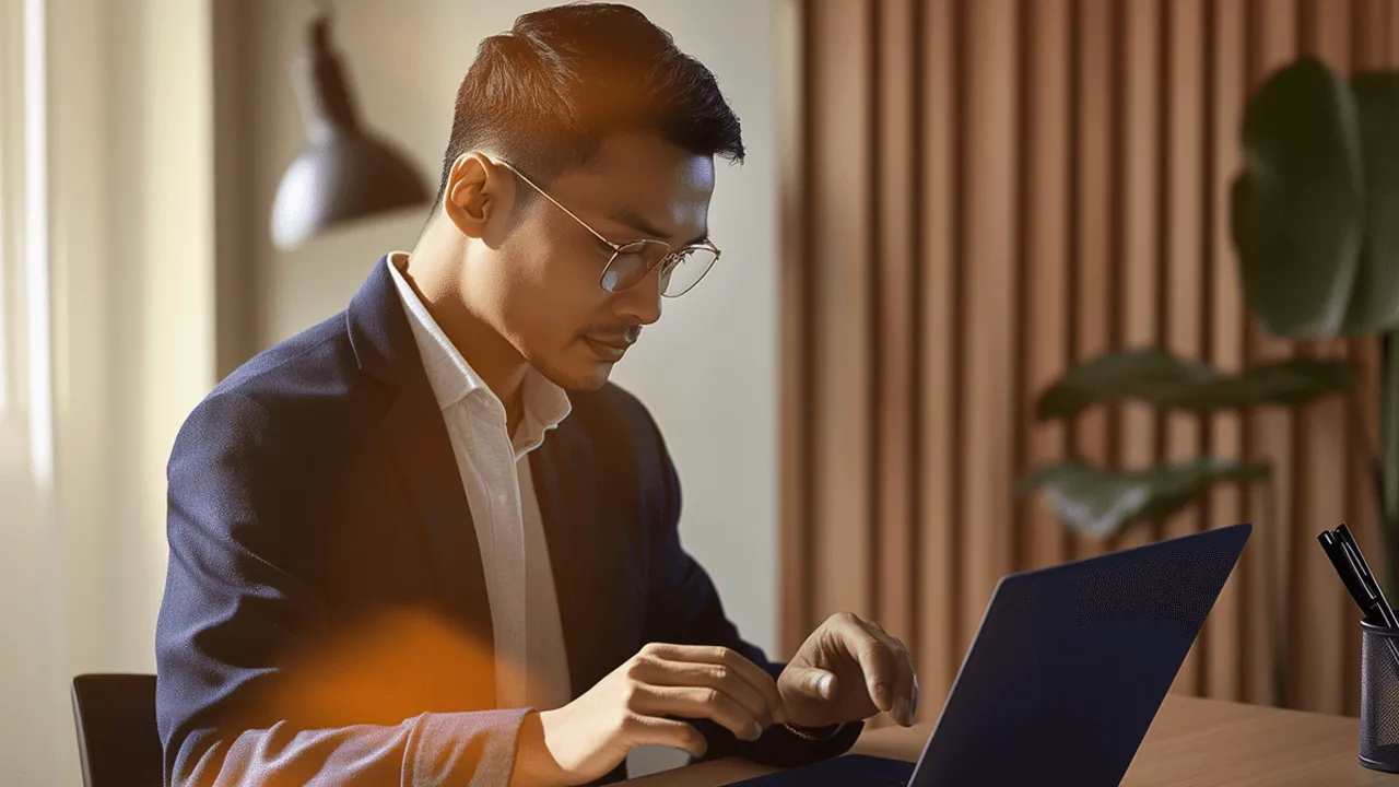 A young man sits in his office typing on a laptop