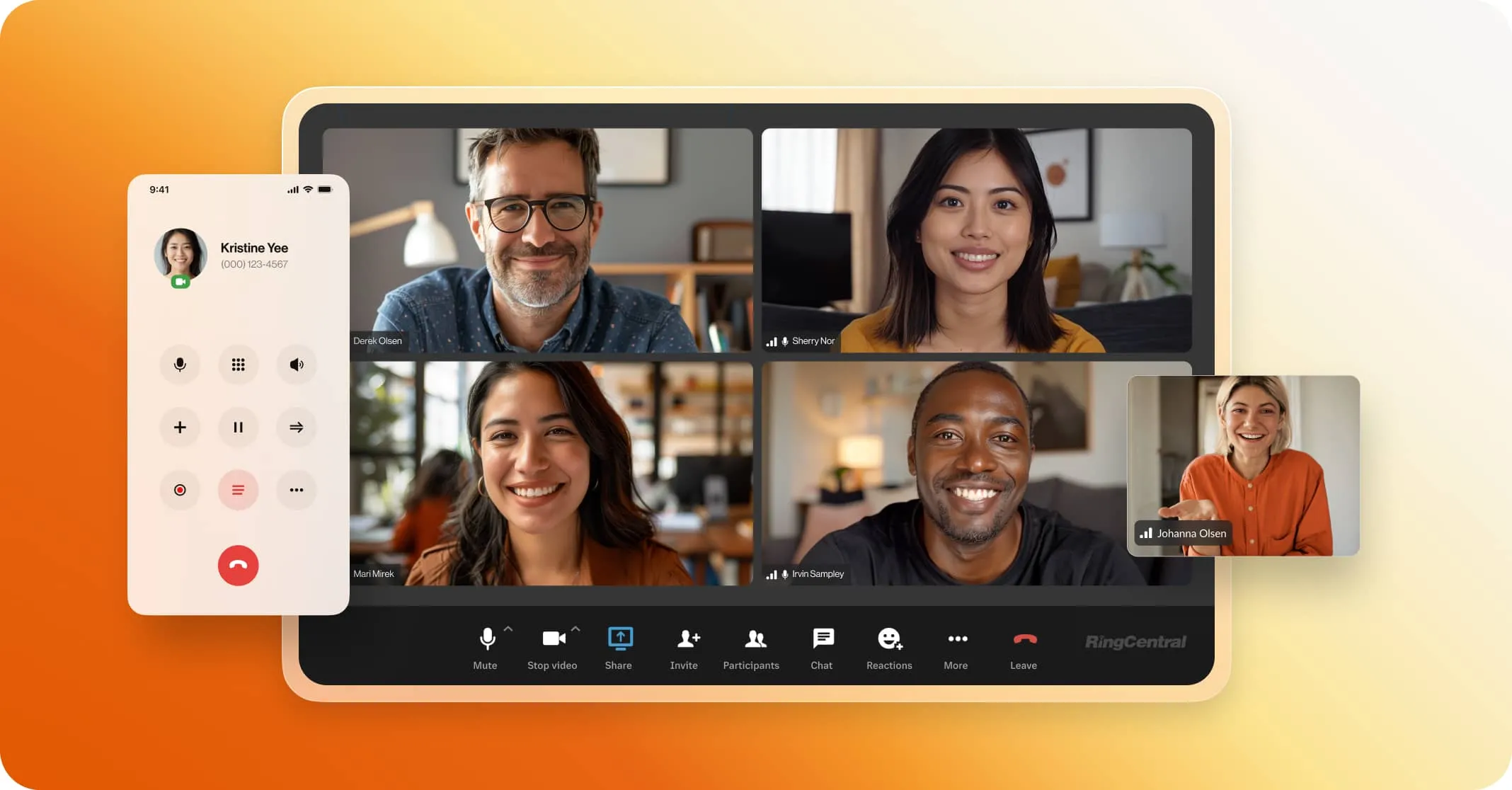 A team uses the RingCentral Desktop and mobile app to collaborate on a video call