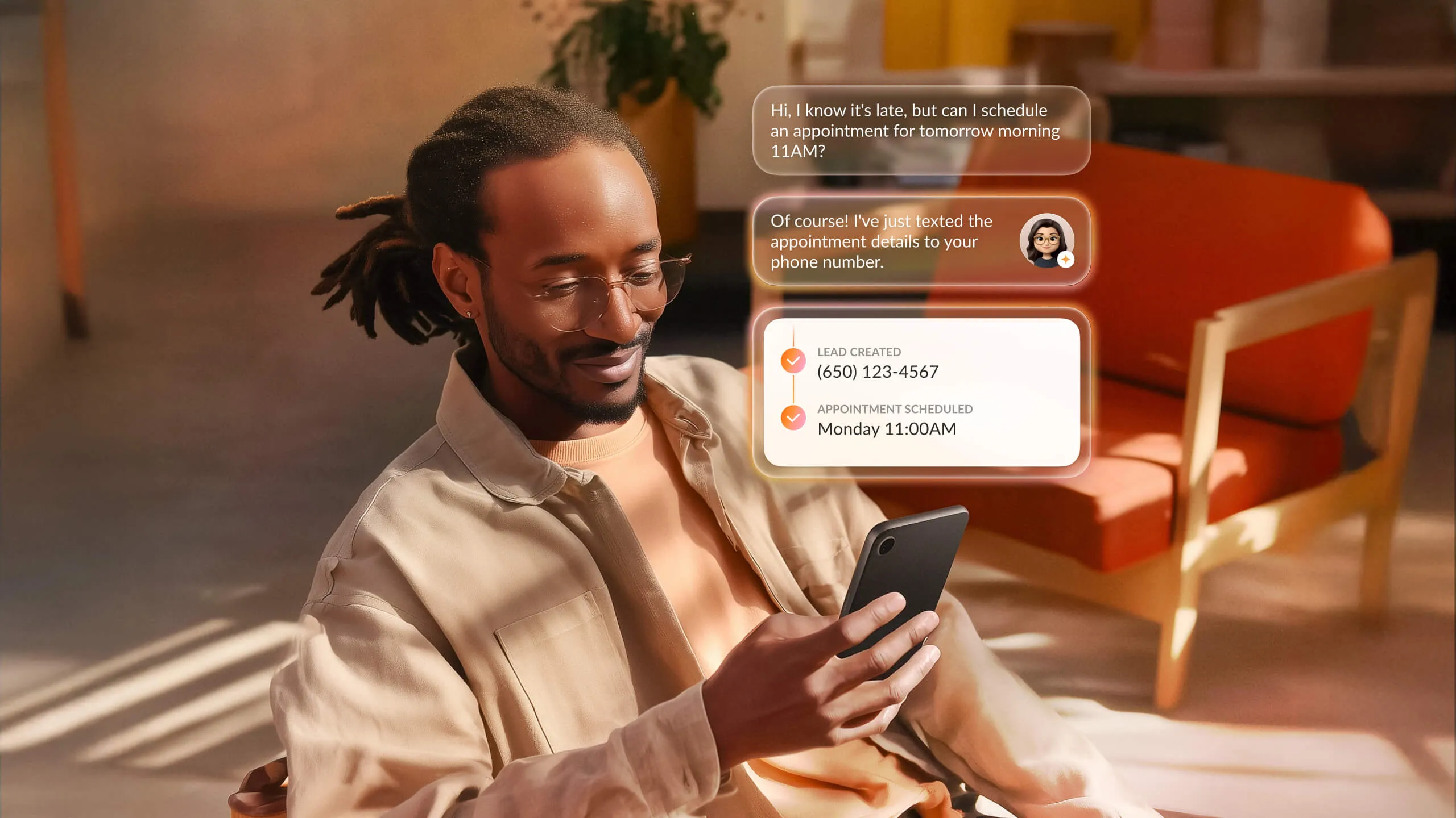 Professional scheduling an appointment on a smartphone using a communication app, with confirmation messages displayed onscreen.