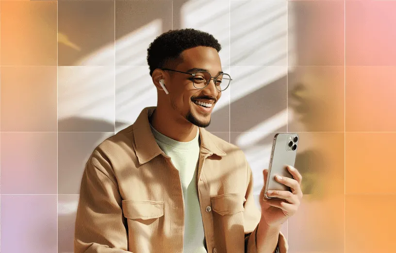 Smiling professional wearing earbuds engaged in a video call on a smartphone, showcasing modern communication technology.