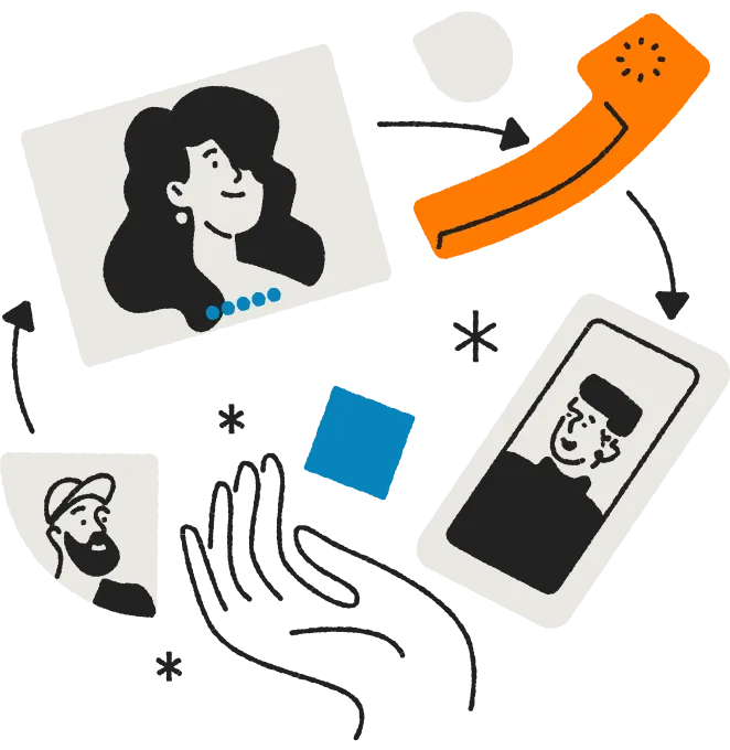 An illustration of people connected through telephone services