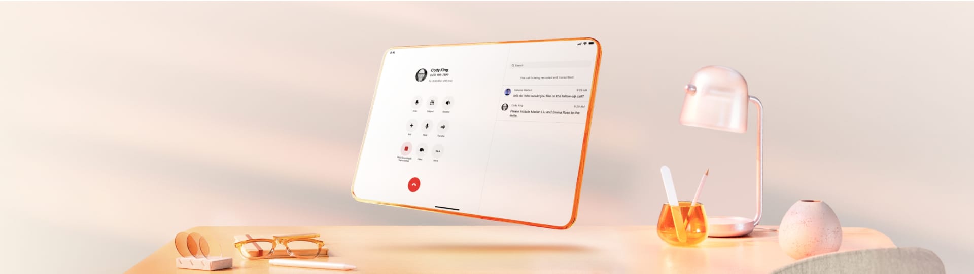 A floating tablet above a desk featuring the RingCentral App