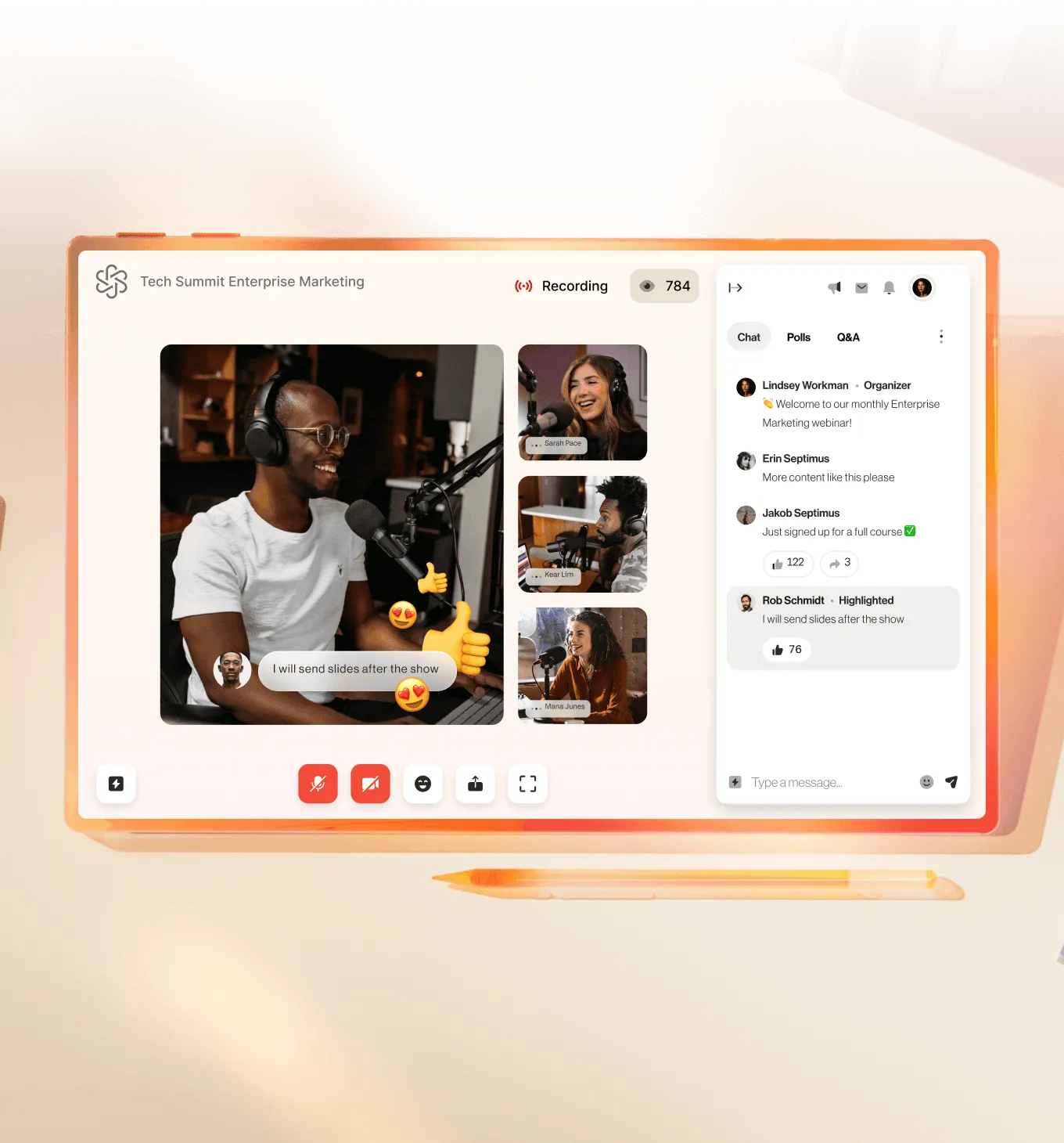 Webinar interface for Tech Summit Enterprise Marketing showing a live video broadcast with interactive chat, polls, and real-time reactions.