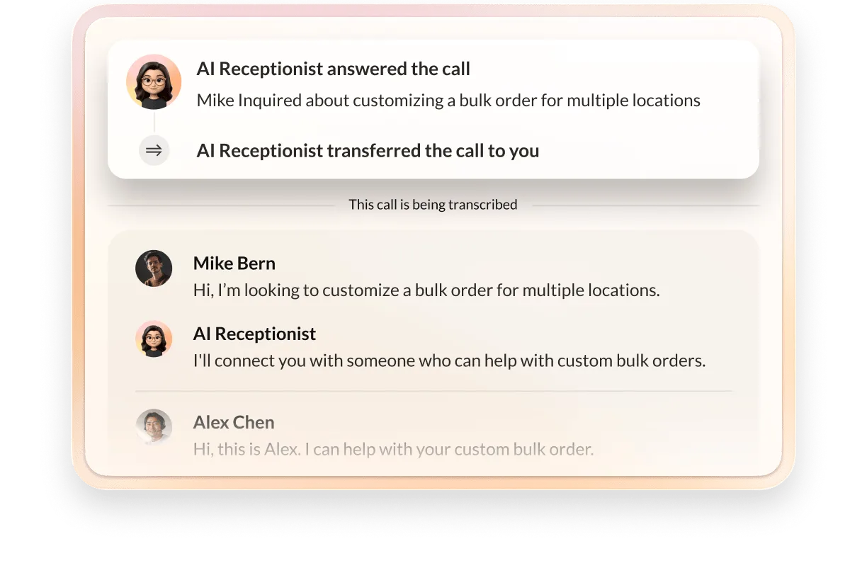 Call transcription interface displaying an AI Receptionist managing an inquiry about customizing a bulk order. The receptionist successfully transfers the call, accompanied by the status message This call is being transcribed.