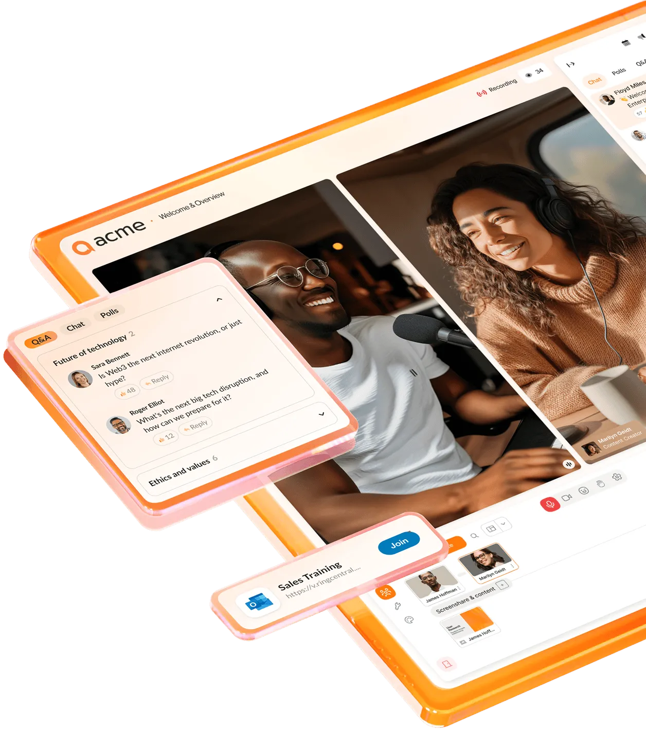 A broadcast showcasing behind-the-scenes footage of an event, presented through RingCentral Events, with and inlay image of the Events Q&A feature.