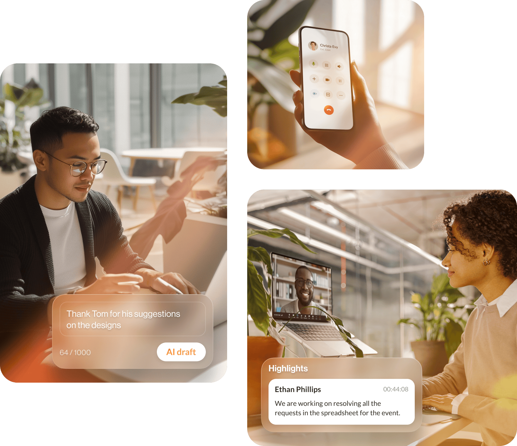 image 1: a male remote worker using RingCentral RingEX™ AI writer feature to compose a message image 2: an image showing RingCentral dialpad on mobile app image 3: a female remote worker using RingCentral RingEX™ meeting highlights feature during a video meeting