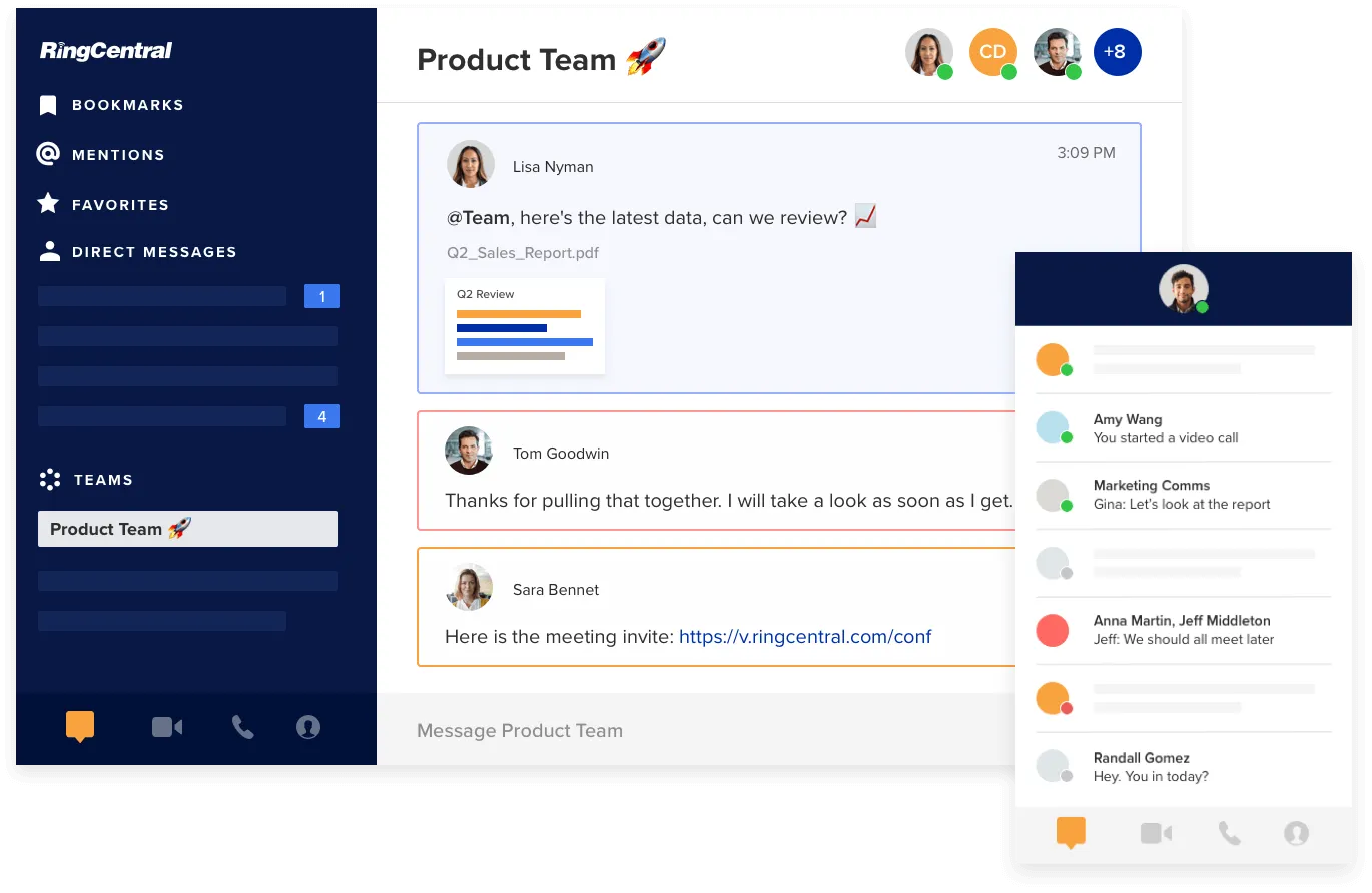 Product Team members using the RingCentral app’s team messaging feature to have a group discussion.