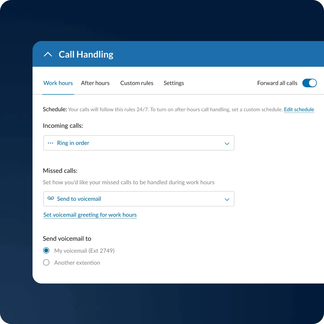 The Call Handling pane of the RingCentral app