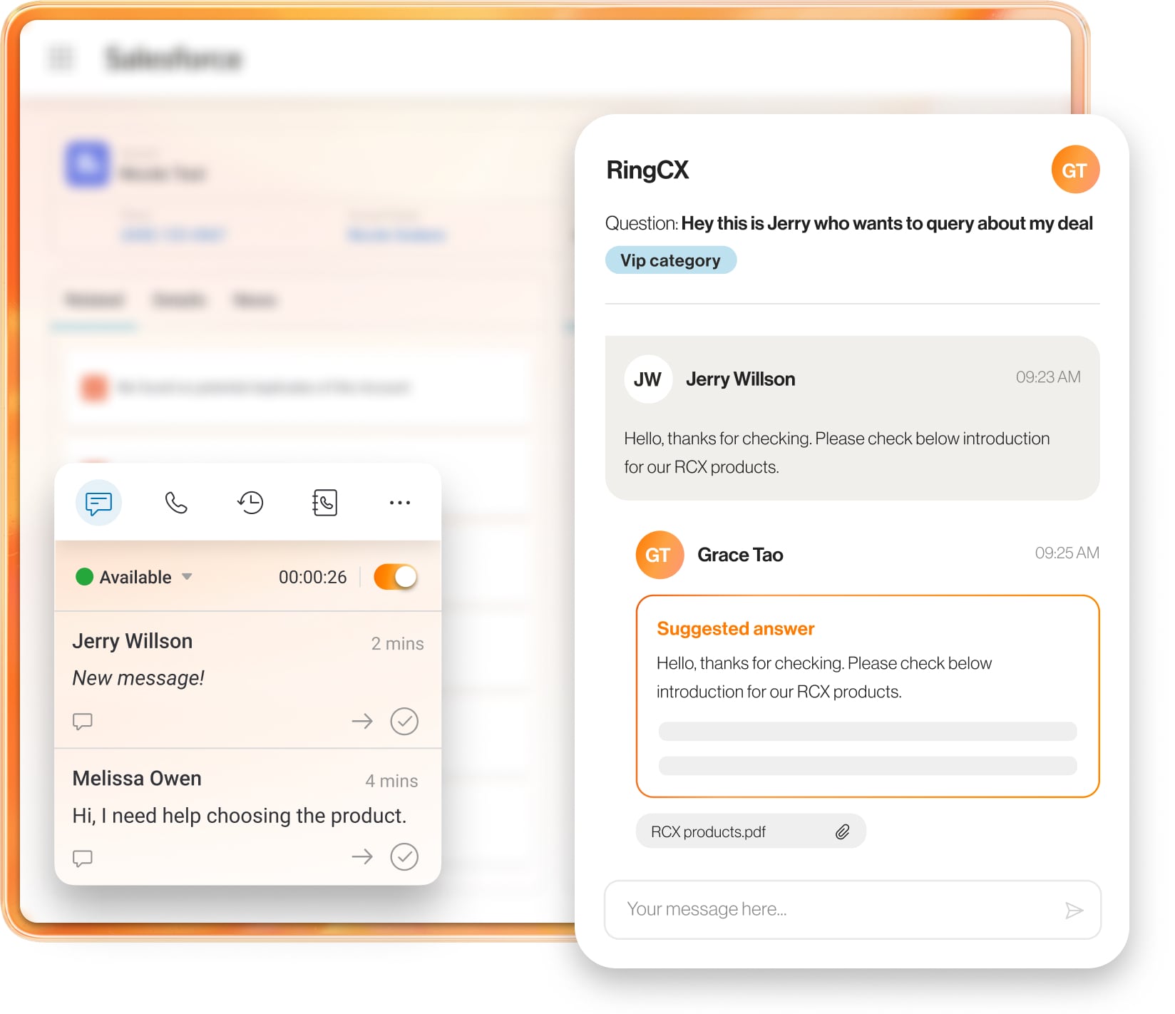 The Salesforce immersive agent feature in RingCentral RingCX, showing a conversation between a customer and a customer service agent.