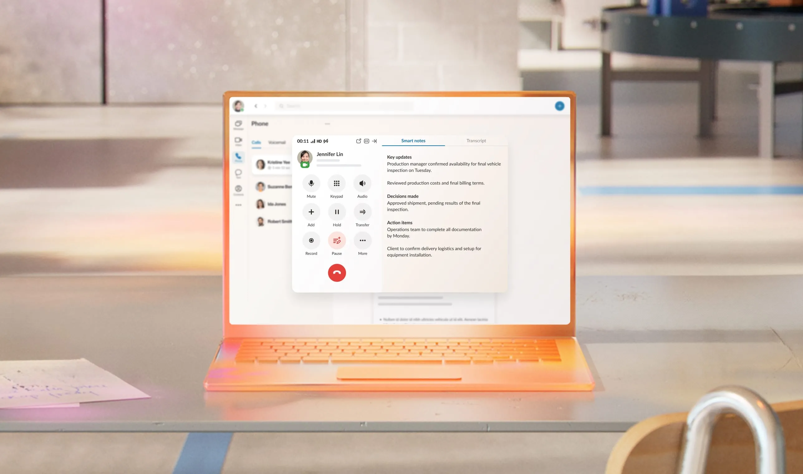 AI Notes feature in the RingCentral app capturing key points from a video meeting on production and operations.