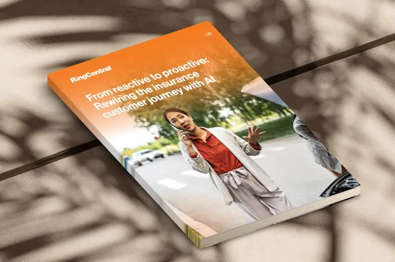 Promotional booklet cover for RingCentral titled "From reactive to proactive: Rewriting the insurance customer journey with AI".