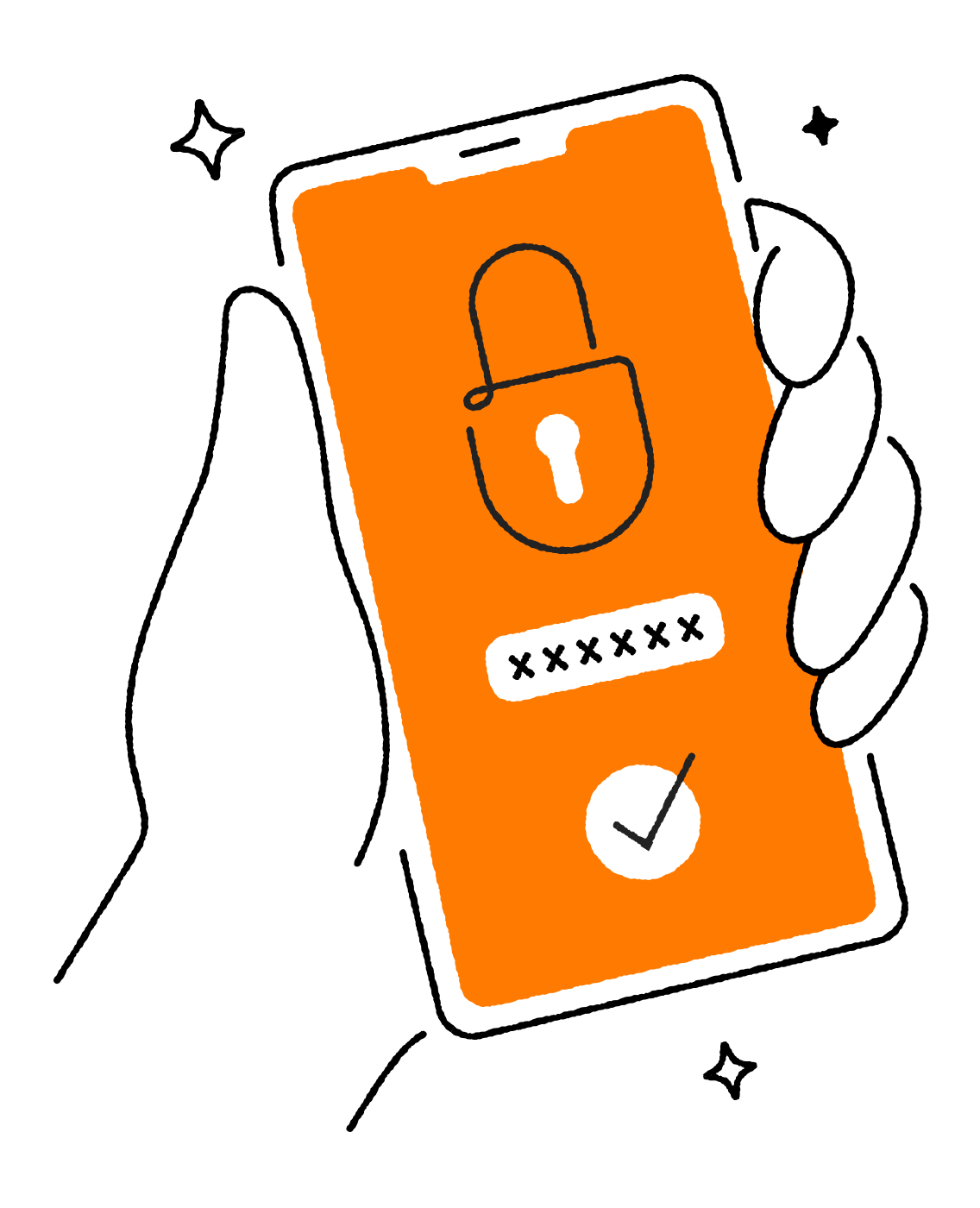 An illustration of a hand holding a locked and secure mobile phone