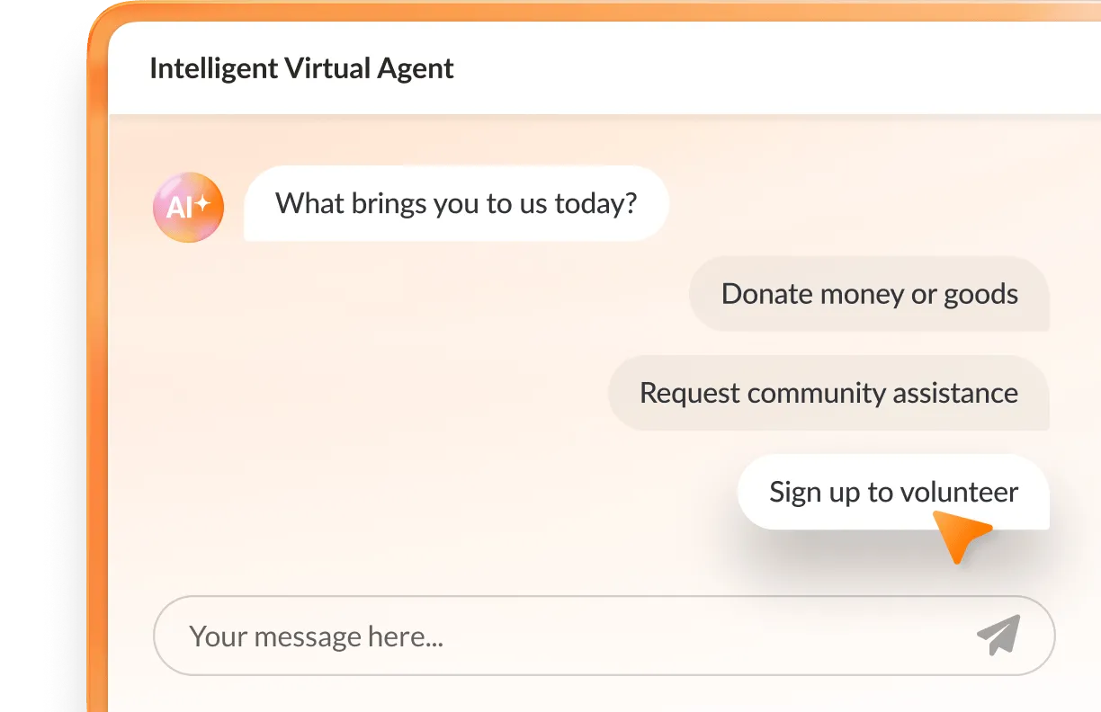 UI showing RingCX intelligent virtual agent (IVA) feature which provides easy prompts for volunteers.