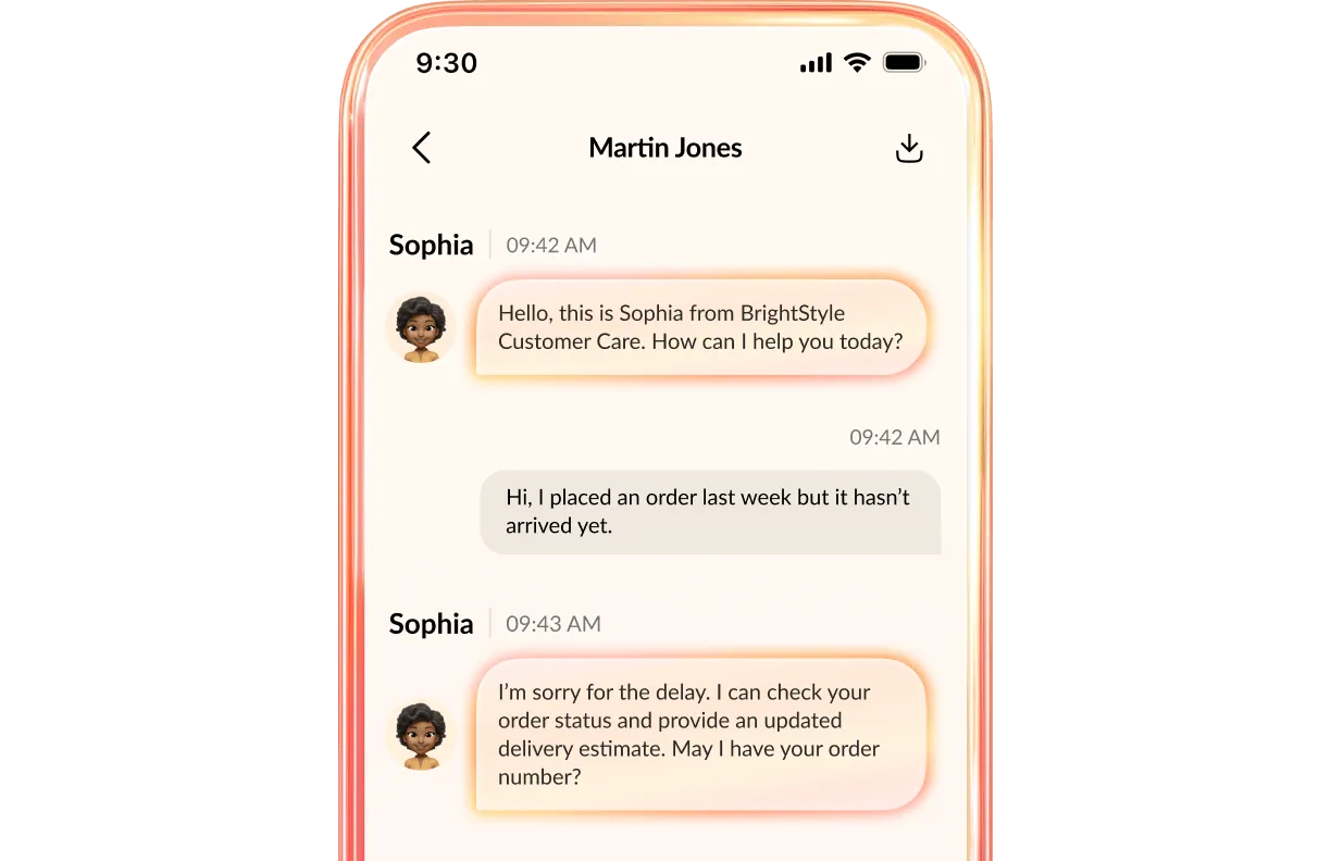 Chat interface on a smartphone showing customer support conversation.