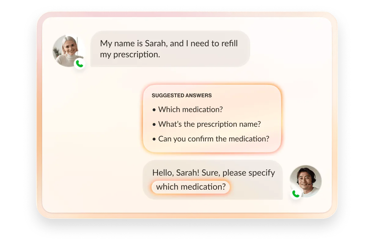 AI-powered chat interface suggesting responses for a prescription refill query.