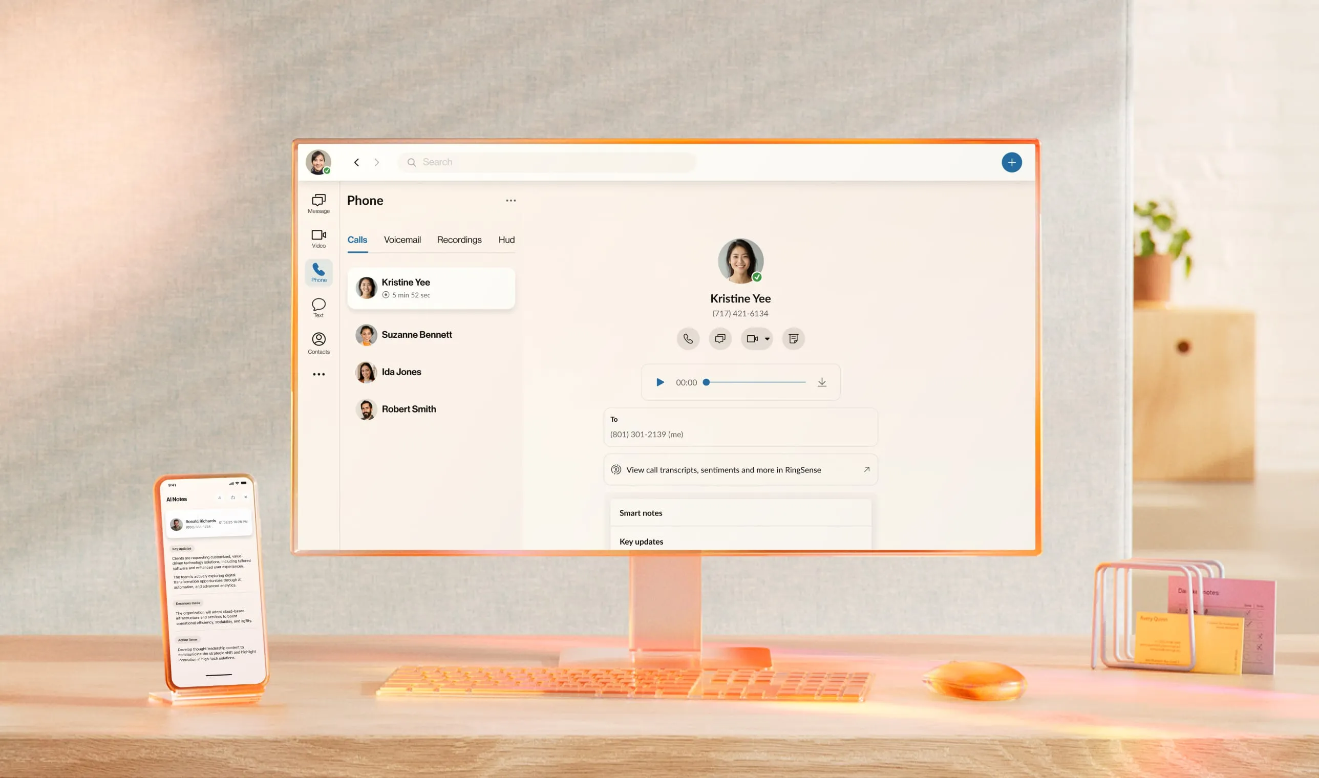 AI Notes feature in the RingCentral app capturing key points from a video meeting on cloud-based infrastructure.