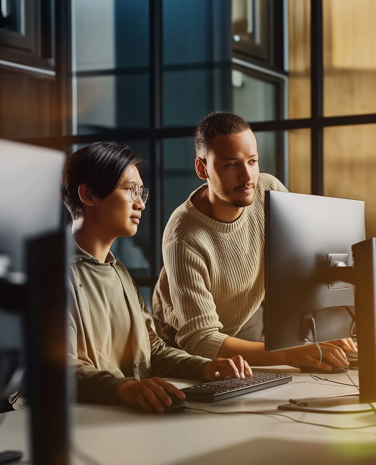 Two employees are assessing information displayed on a monitor.