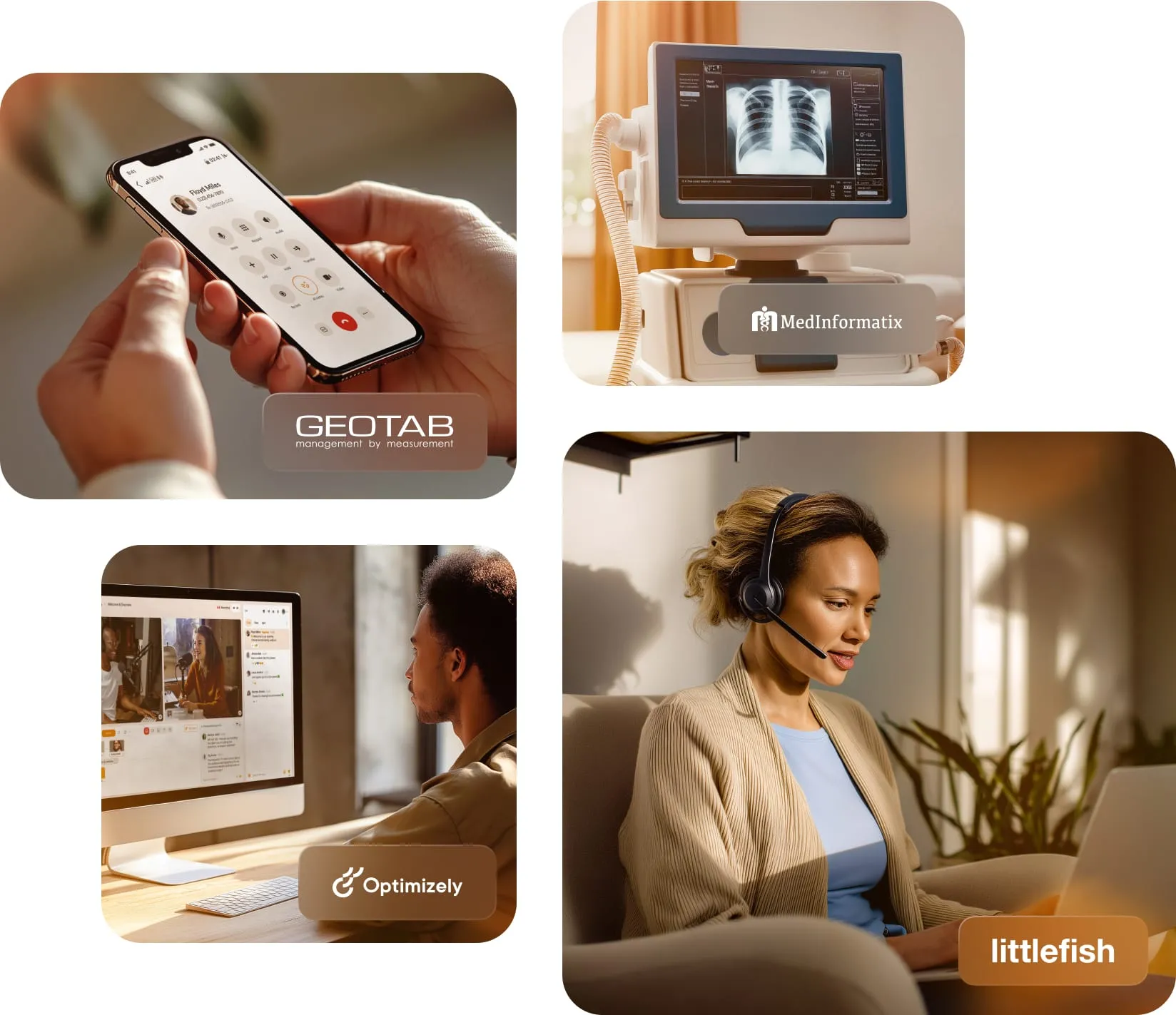 Geotab case study: RingCentral voice call in progress. Medinformatix case study: a x-ray image displayed on a monitor. Optimizely case study: a young man is watching a live RingCentral Events streaming Littlefish case study: A woman speaks into her headset while on a RingCentral call