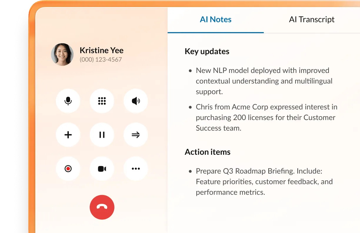 UI showing AI Notes and AI Transcript features which summarize calls and action-items.