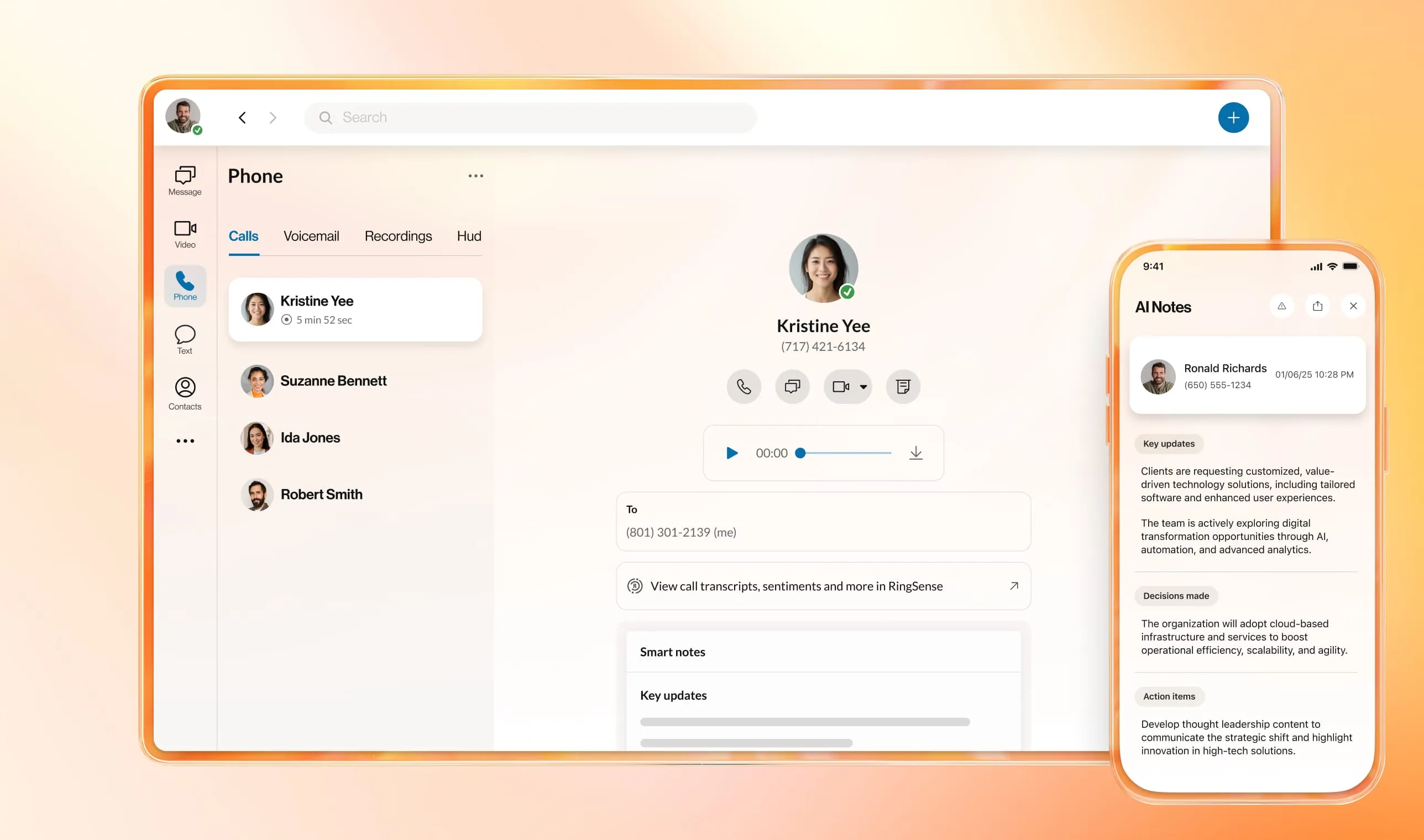 AI Notes feature in the RingCentral app capturing key points from a video meeting on cloud-based infrastructure.