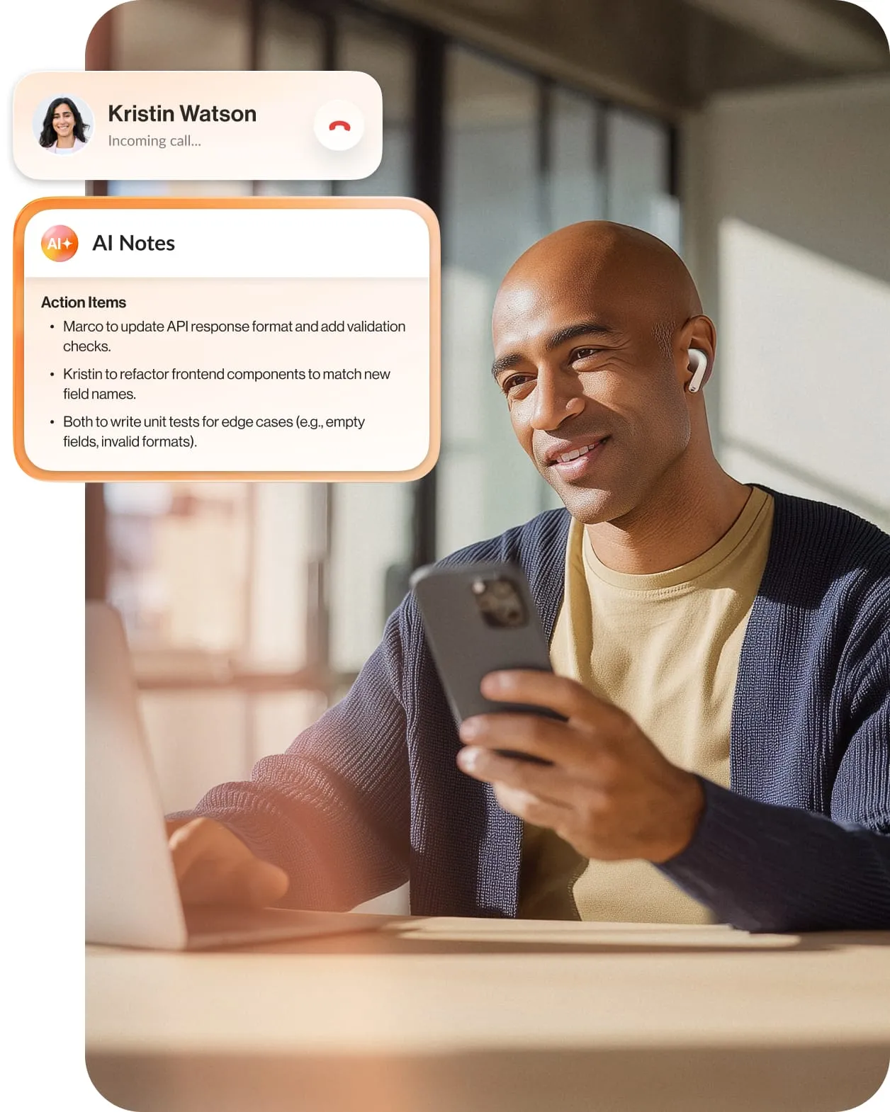 A young man is on an audio call with an inset of the RingCentral AI Notes feature