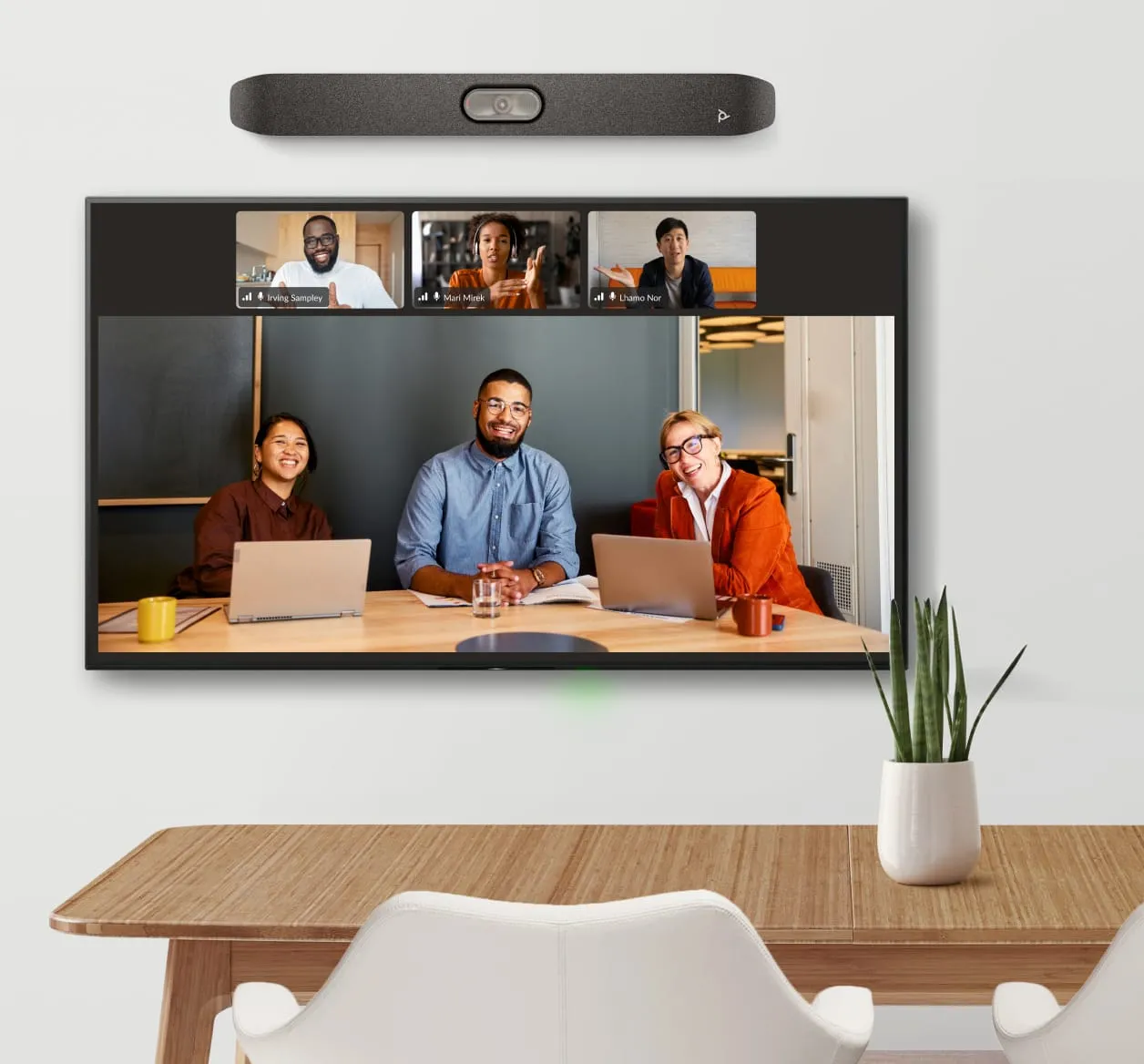 An ongoing conference call between two teams using RingCentral Rooms