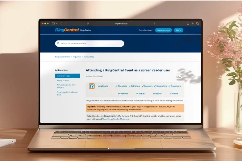 Support article on attending a RingCentral event as a screen reader user, shown on a laptop.