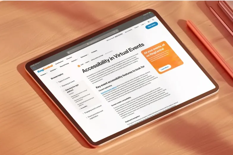 Blog on accessibility features for virtual events shown on a tablet.