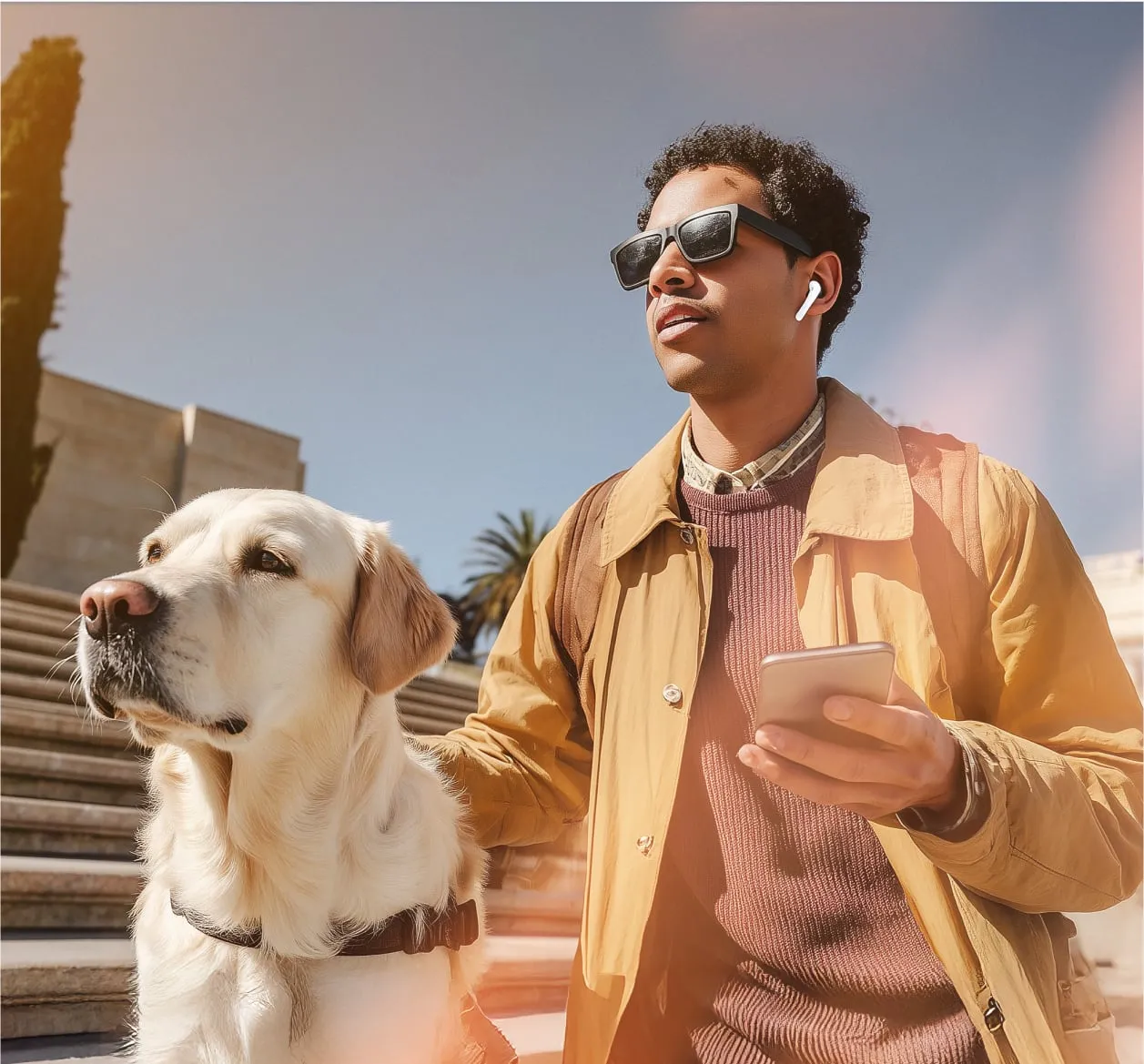A man in dark glasses stands next to his guide dog.