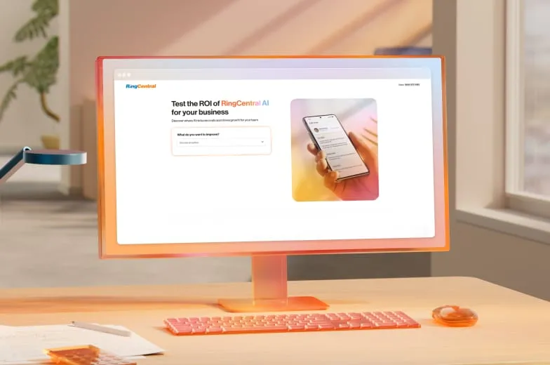 Computer screen displaying a webpage promoting RingCentral AI's ROI benefits for businesses in a modern office setting.