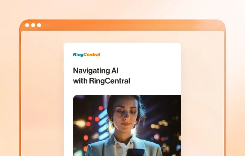 Promotional banner for RingCentral featuring the headline "Navigating AI with RingCentral" and a person using a smartphone.