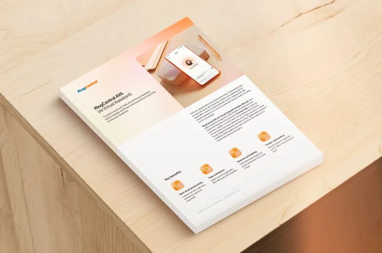 Printed brochure on a desk showcasing RingCentral's AI Virtual Assistant features and benefits.