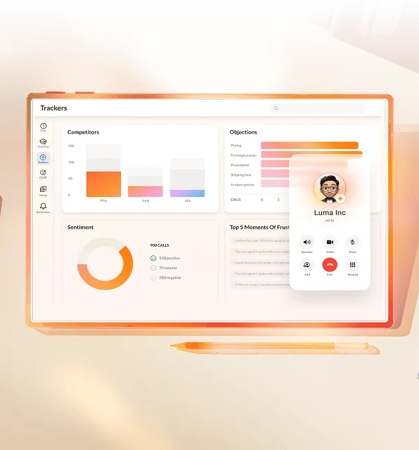RingCentral app interface showing call analytics and sentiment tracking on a digital dashboard.