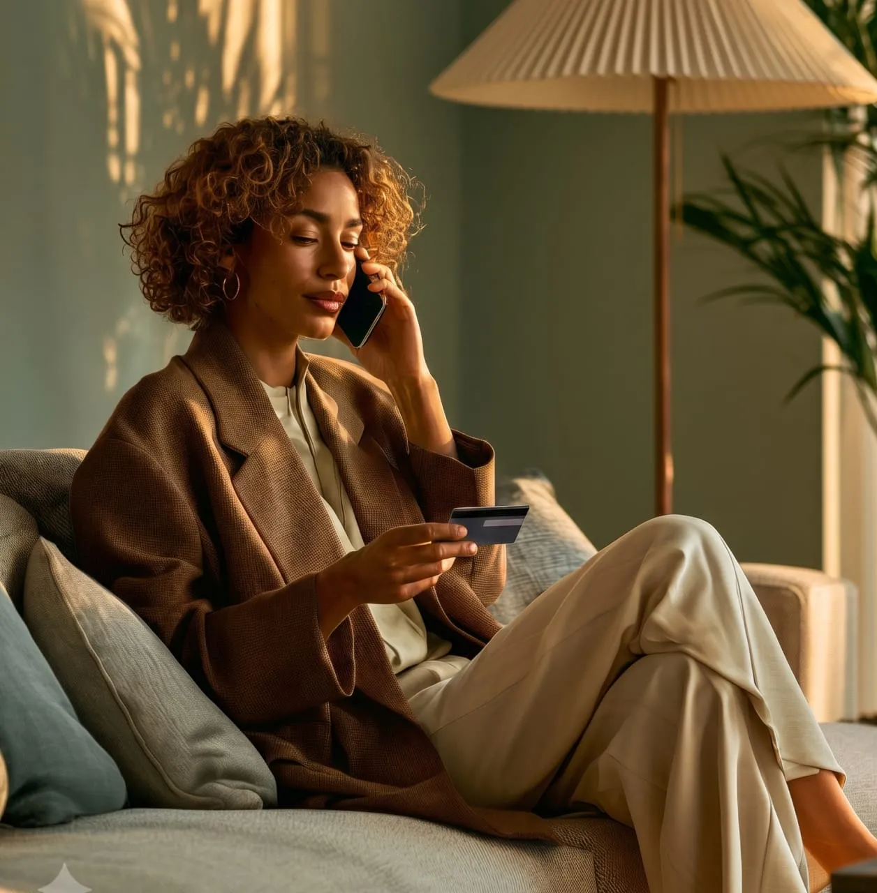 A person sitting on a couch, talking on a mobile phone, and holding a credit card.