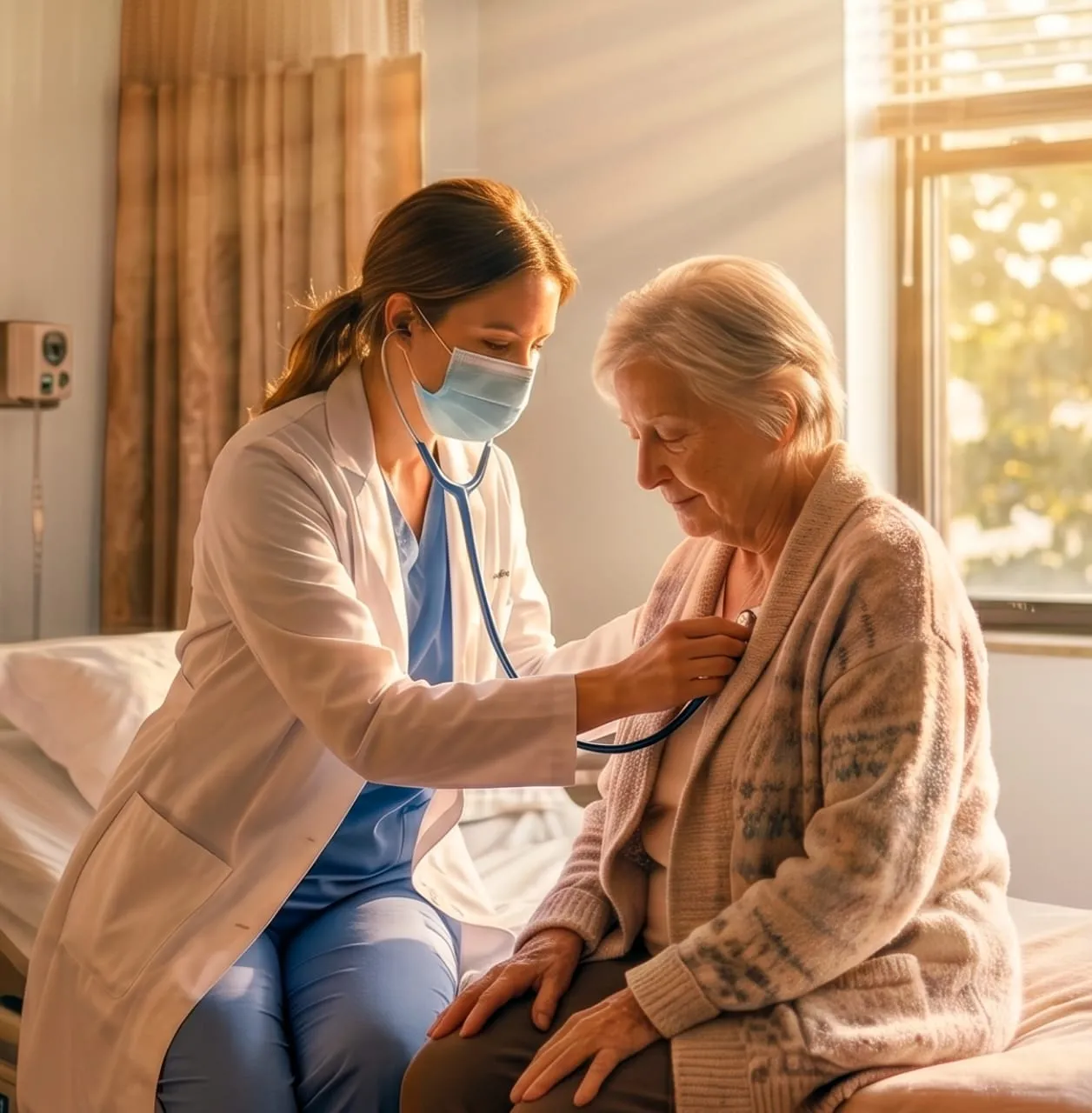 A healthcare professional wearing a mask uses a stethoscope to examine an elderly patient in a sunlit room.
