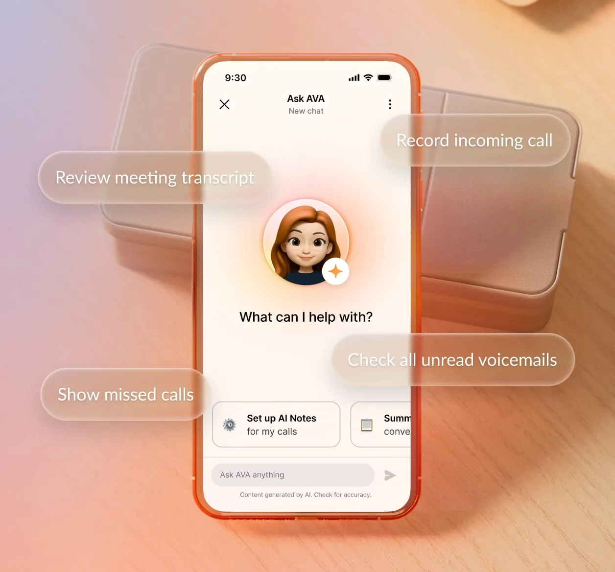 Mobile interface showcasing RingCentral's AI assistant features like reviewing transcripts and checking voicemails.