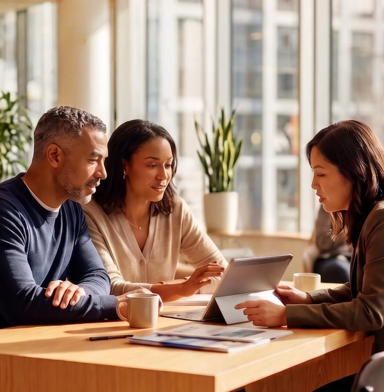Professionals collaborating at a table with a digital device, likely using RingCentral's communication tools.
