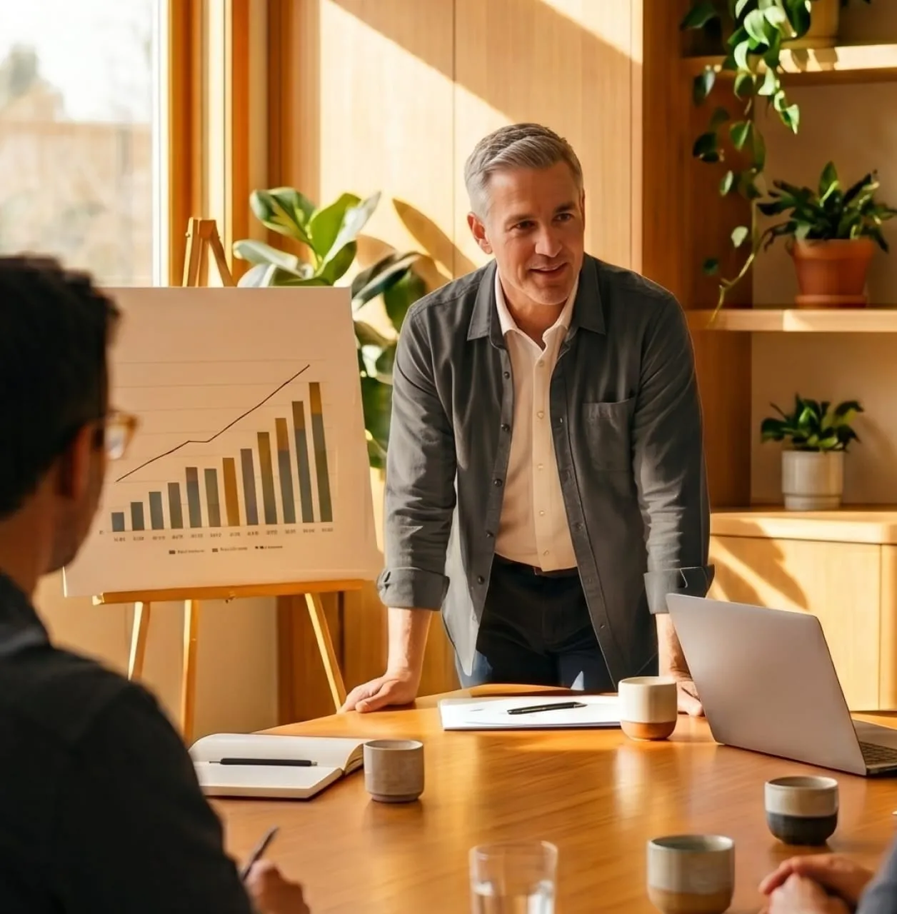 Professional leading a business meeting with a growth chart and team discussion, possibly using RingCentral solutions.