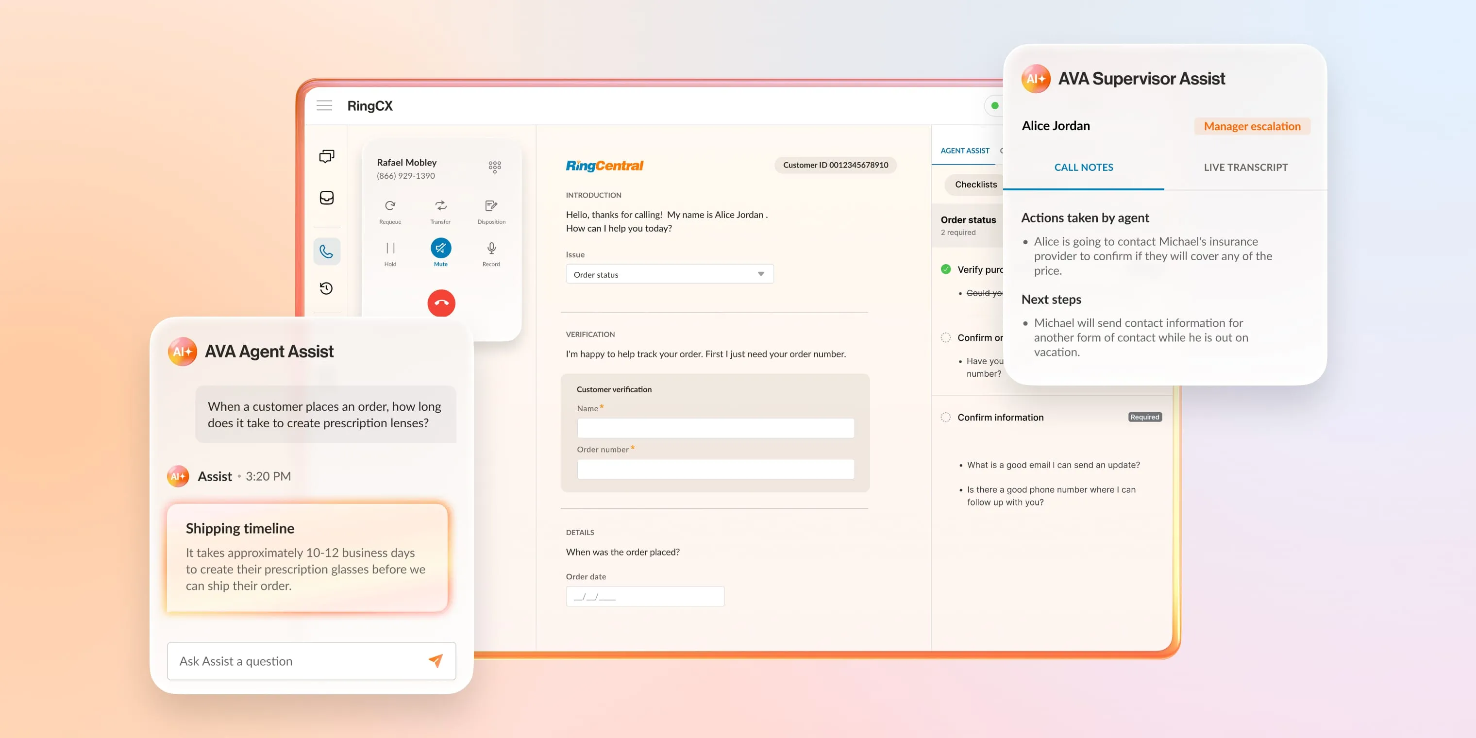 Screenshot of RingCX interface showcasing AI-powered AVA Agent Assist and Supervisor Assist tools helping with customer service tasks.