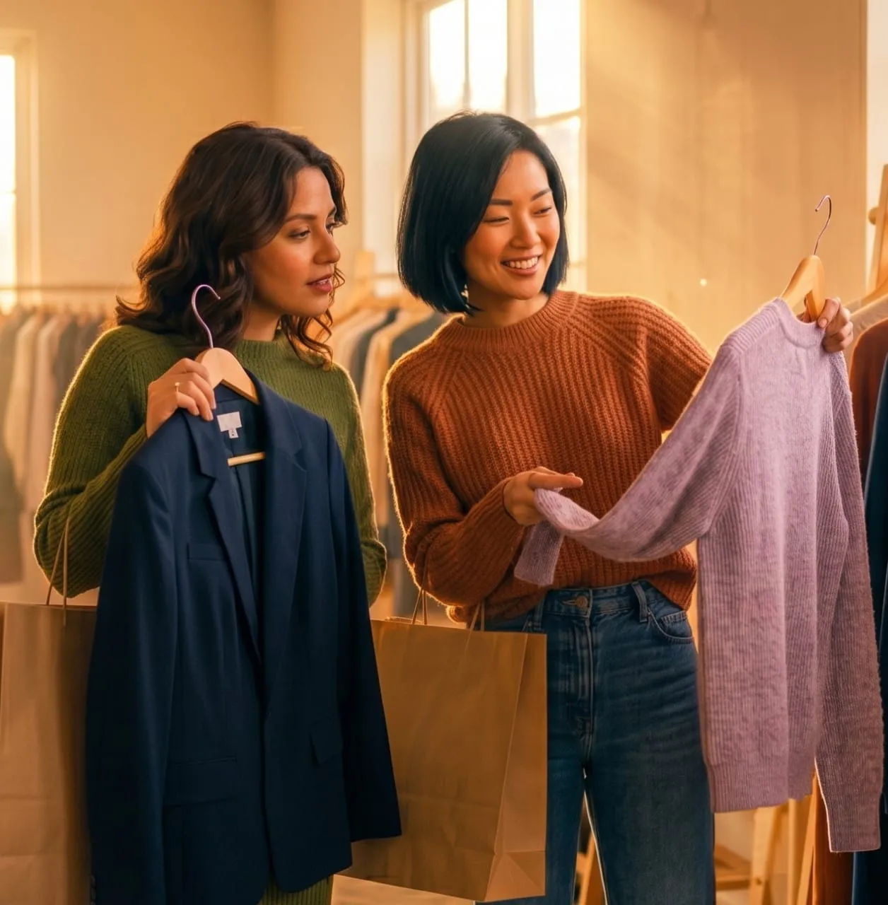 Two women shopping, holding a blazer and a sweater, smiling and discussing clothing choices in a warmly lit boutique.