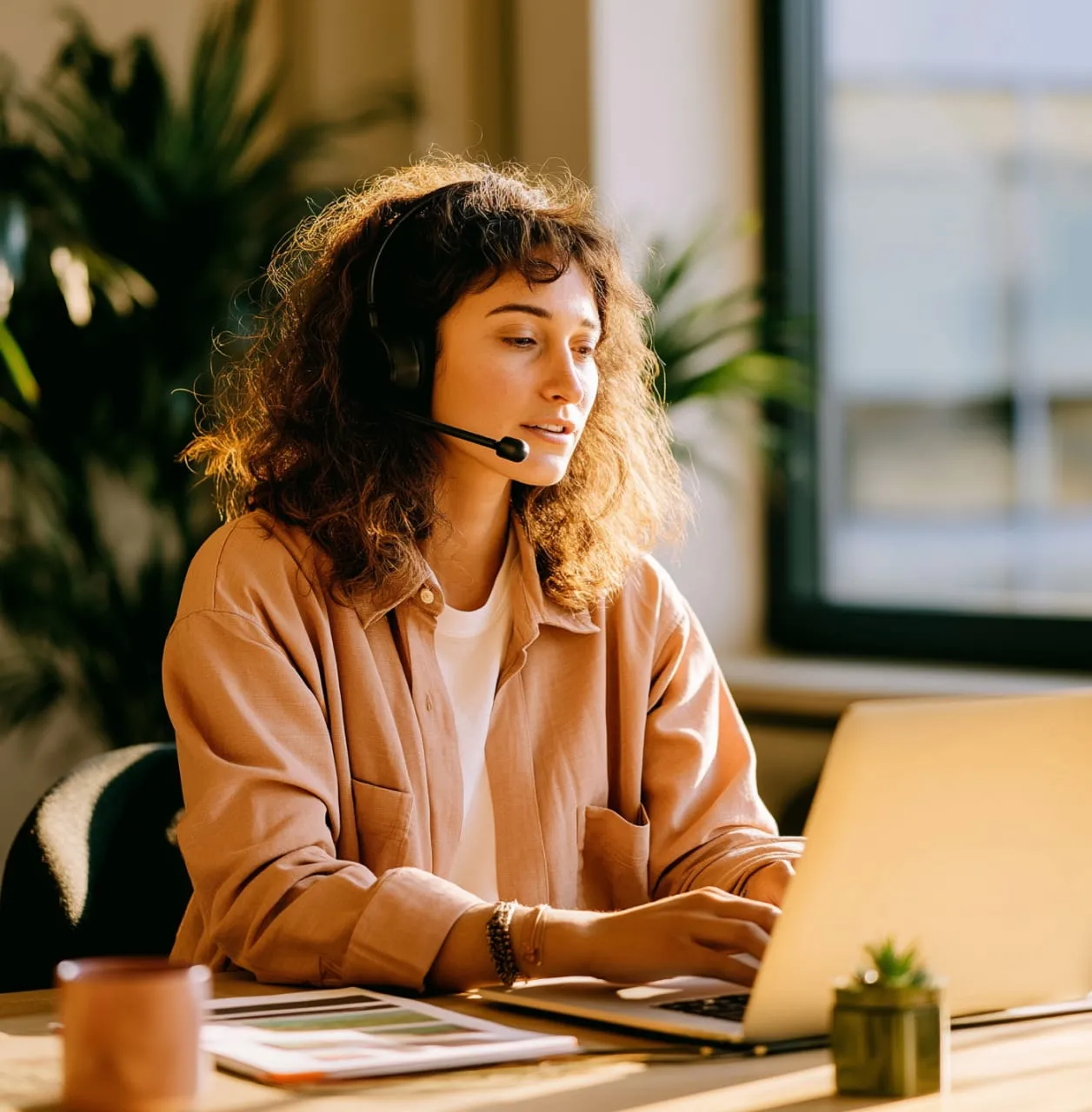 Professional using a laptop and headset for a virtual meeting, likely utilizing RingCentral's communication platform.
