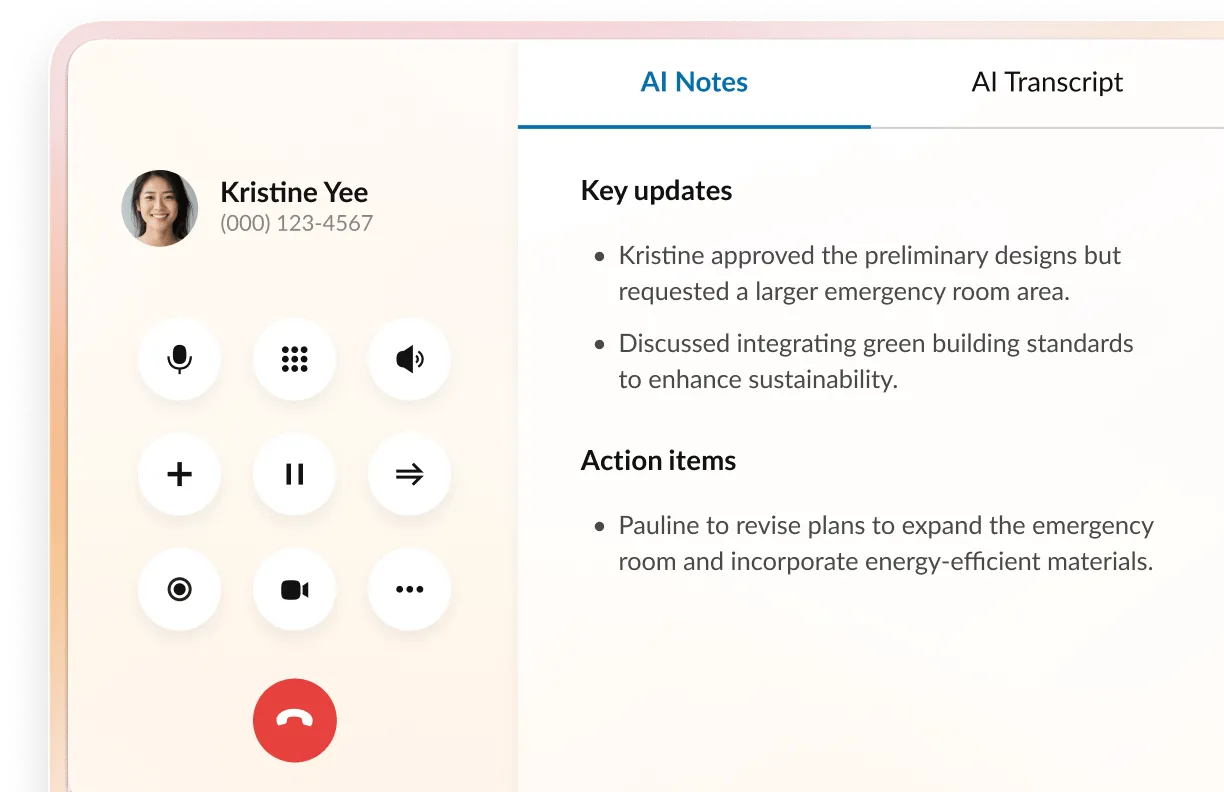 Screenshot of a RingCentral call interface showing AI Notes with key updates on green building standards and action items for design revisions.