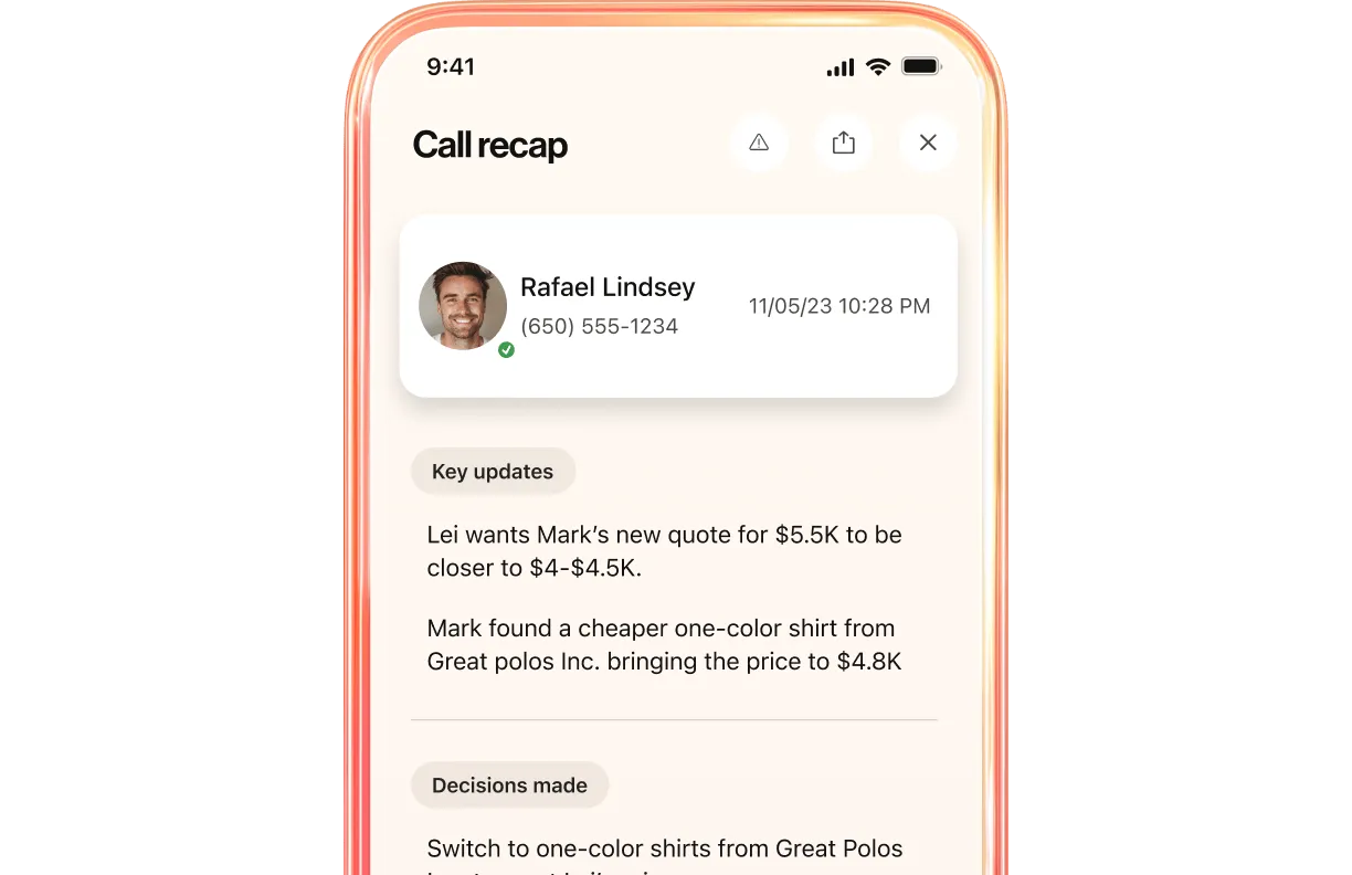 Call recap screen in the RingCentral app displaying contact details and key updates from a phone conversation.