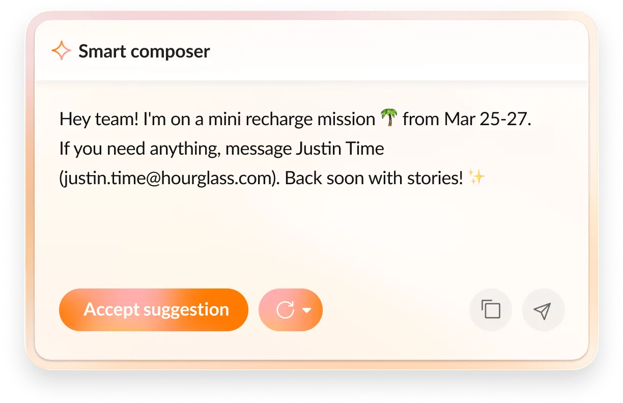 Smart composer message mentioning a mini recharge mission from Mar 25-27, with contact details for Justin Time.